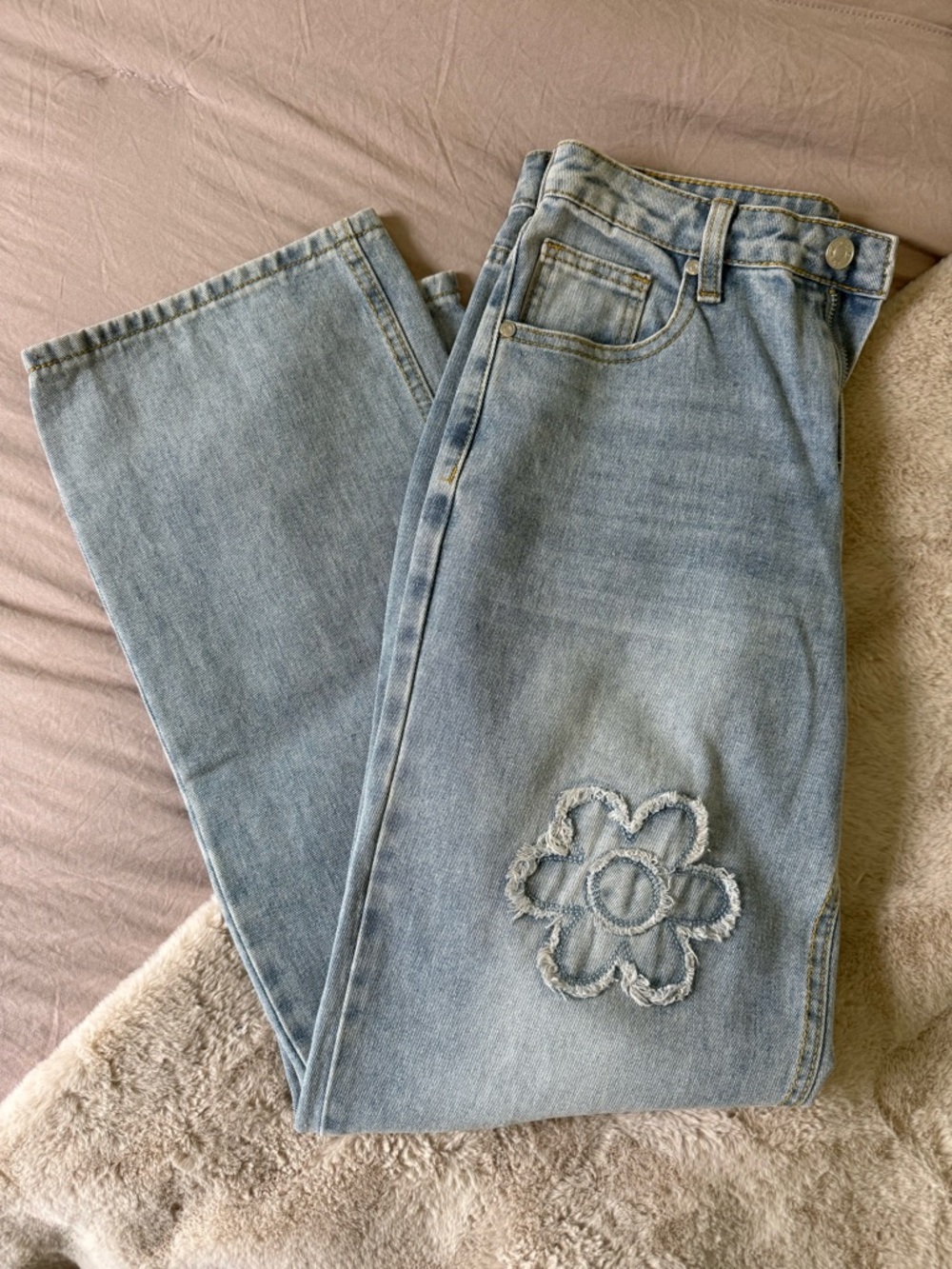 Light Blue Floral Appliqué Wide Leg Jeans - Picture 4 of 7